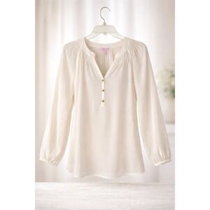 Lilly Pulitzer 100% Silk Cream Tunic Blouse Smocked Balloon Sleeve L NWT